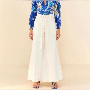 Farm Rio Cream Belted Wide-Leg Twill Pants